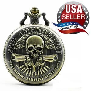 Pocket Watch & Chain • 2nd Amendment Aged Bronze Skull Pistols Guns DADS • GRADS